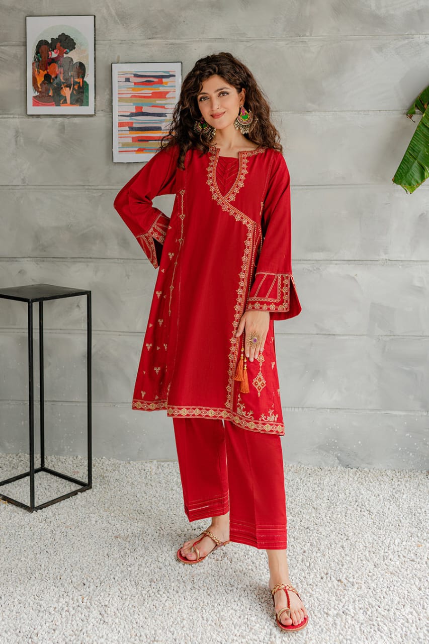 Tulip Red Frock  - Embroidered